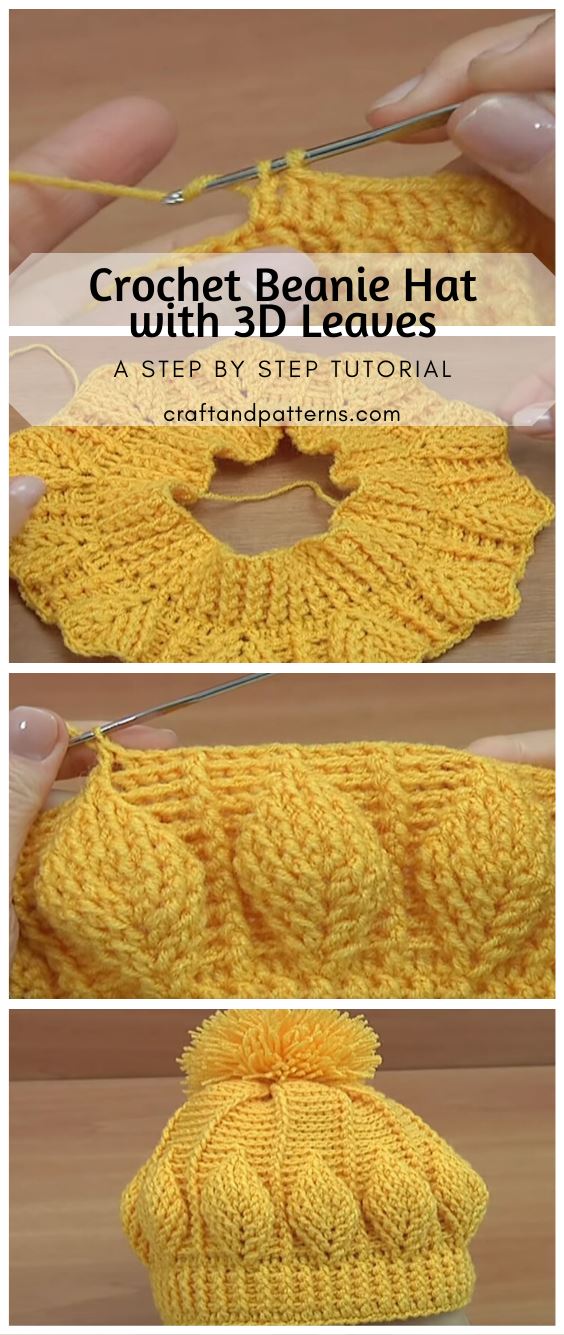 Crochet Beanie Hat 3D Leaves